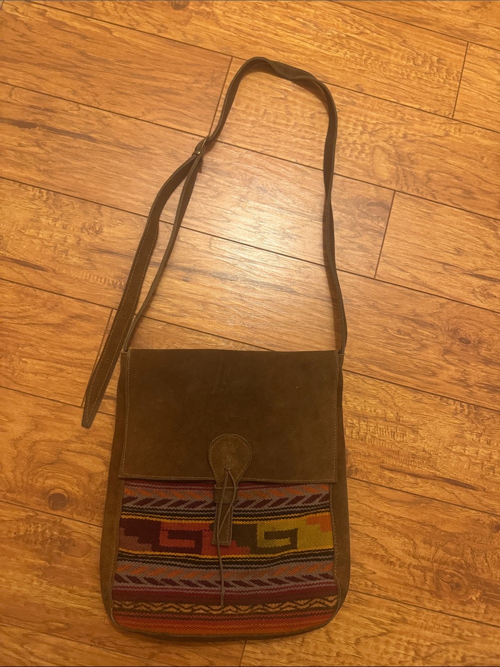 Brown Suede Messenger Bag with Multicolor Woven Panel